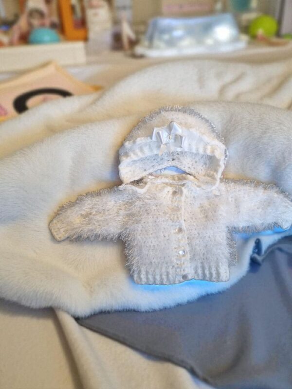 White Cardigan & Matching Bonnet.