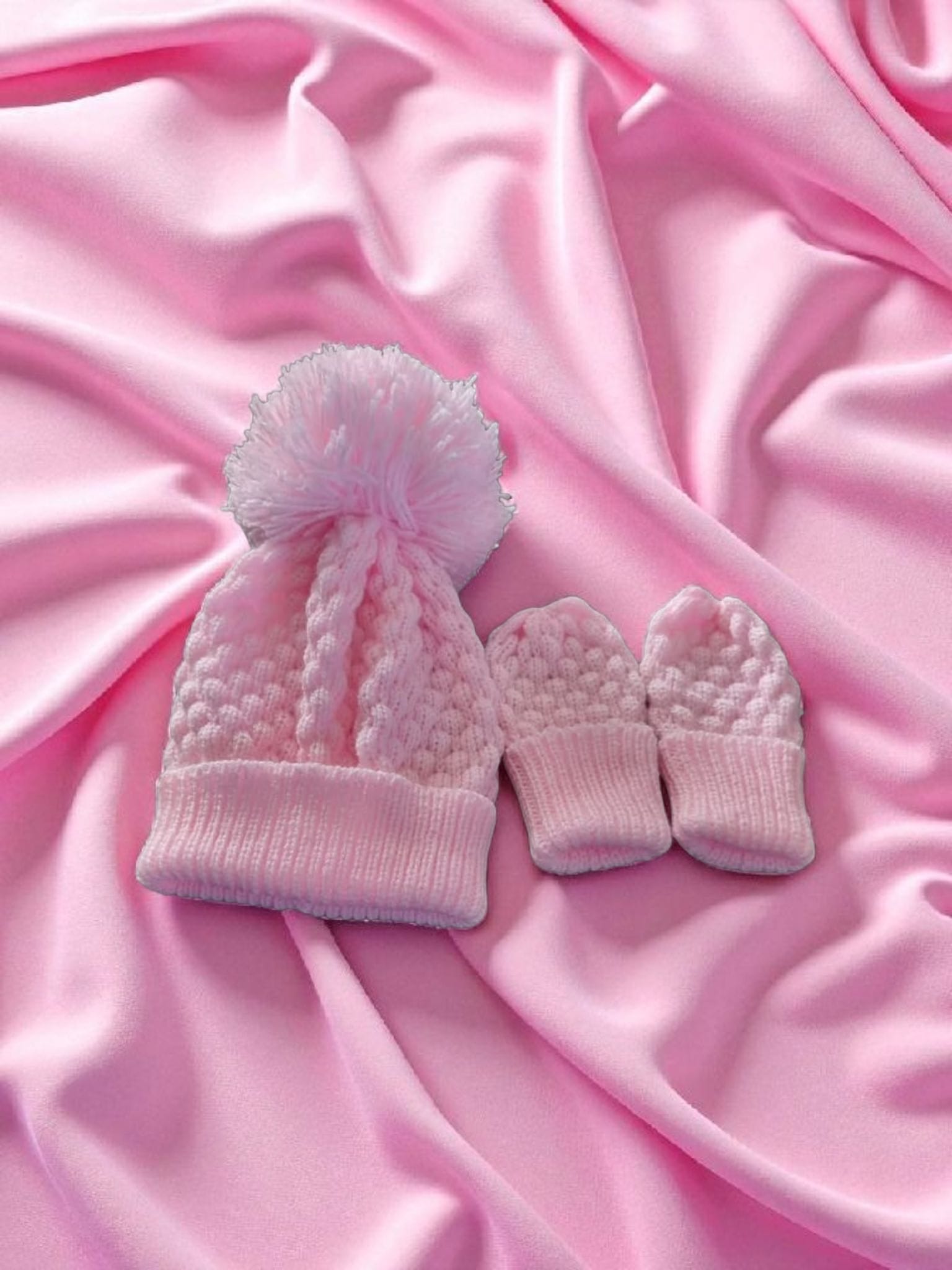Wool Pom Pom Baby Hat & Matching Mitts - Image 6